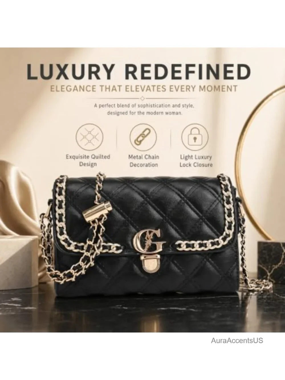 Quilted Crossbody Bag, Small Chain Shoulder Purse with Gold Hardware